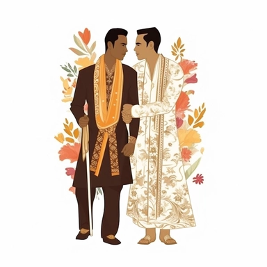 2 ethnic grooms wedding clipart, gay pride, white background