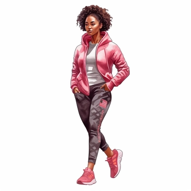 watercolor style, beautiful african american woman wearing tracksuit, hoodie and sneakers, realistic, clipart, isolated on white background, 4K