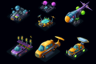 isometric game sprite, clean pixel art, clipart, futuristic family flying vehicle concept, gaming asset, sci-fi, fun, creative, cartoon render, hyper-detailed, black background, inspired by one random famous product designer, inspired by one random famous sci-fi movie, inspired by one famous architect, inspired by one random famous artist, inspired by one famous architect