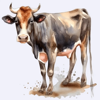watercolor, Cows Dairy cows have udders: One of the most common farm animals, cows are kept for their milk, meat, and hides. They are found all over the world but are particularly common in countries like India, the United States, and Brazil. png Full body realistic cartoon in 32K UHD cute. 15 cm thick outline. Black color. There was no shadow on the ground. 8k with realistic watercolors and detailed illustrations. PNG clipart, transparent white background