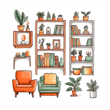 clipart furniture watercolor flat color simple lines cute cartoon white background , 8k,---q 3