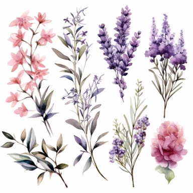 a mixed bunch of flowers, leaves, and small berries, majority of the flower is lavender, watercolor clipart, dusty