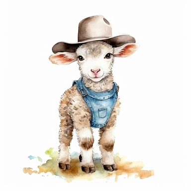 Baby sheep in a cowboy hat, full body, clip art, watercolor, clean, neat.