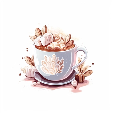 Clip art, png, A steaming cup of hot chocolate, topped with marshmallows, in a cozy, winter style, moderately abstract, white background
