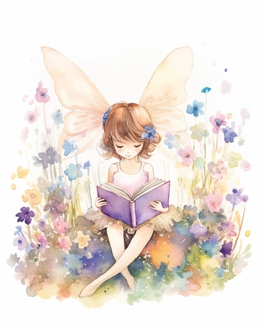 very simple watercolour childrens book style drawing of a cute fairy reading a book surrounded by flowers, pastel colours soft on white background for clipart, 8k