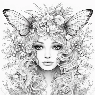 Hyper realism art, shutter speed, Face is focus, Sharp details, simple black and white clip art, Silhouette crisp line coloring page for adults, happy Fantasy Fairy, princess dress, surrounded by flowers and animals, symmetrical head, center of frame, per