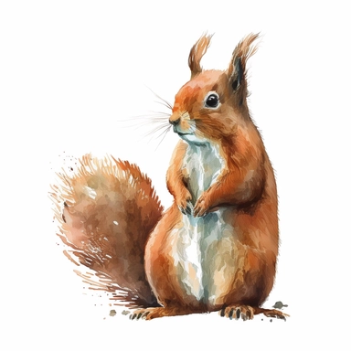 cute squirrel, watercolor clipart, realistic, childlike animal illustration, isolated on white background, Beatrix Potter, clean blended strokes, ginger and dark brown color