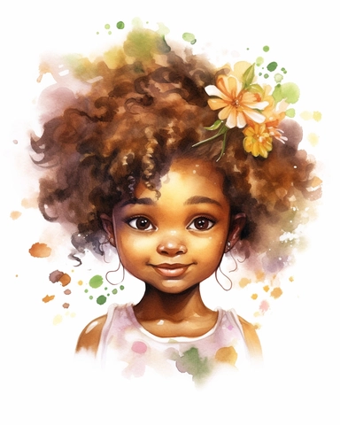 a little afro girl portrait in watercolor Disney style clipart on white background, hugh eyes, sarah kay, holly hobbies, valentines day