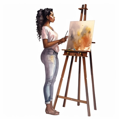 watercolour dark skin lady standing in front of an art easel hd clipart white background