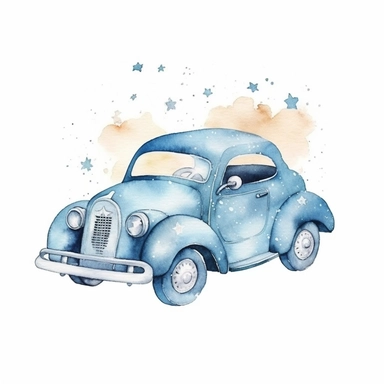 cute watercolor newborn soft blue baby playing toy car, stars on the background, watercolor effect, isolated white background, babyshower clipart, soft blue tones