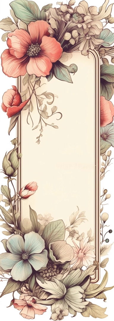 vintage inspired printable rectangle label with intricate sepia colored borders and hand drawn details. detailed with soft watercolor flowers at the top edge only. No text. Isolated clipart on solid white background