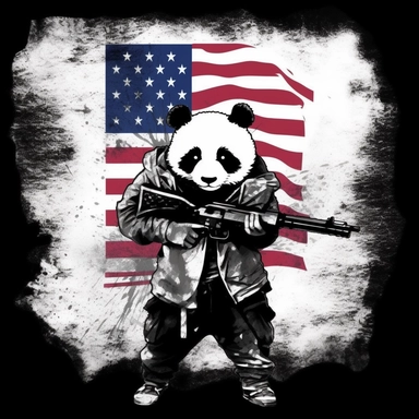 American flag background, Panda dressed as a graffiti artist holding a gun black and white, silhouette, minimalist clip art by Mr. Brainwash