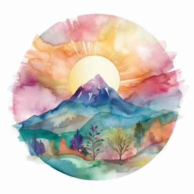 watercolor image of a sun rising over a mountain, symbolizing new beginnings and resilience., clipart, white background, purples, pinks, turquoise, greens, golds,