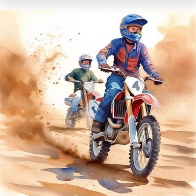 DESIGN A MAGNIFICENT AND EXQUISITE BREATHTAKING ONE-OF-A-KIND HIGH QUALITY HIGHLY DETAILED MASTERPIECE WATERCOLOR CLIPART ILLUSTRATION OF A boy and dad RIDING DIRT BIKES IN THE DESERT in the style of lifelike renderings, watercolorist, realistic watercolors, ULTRA REALISTIC, WHITE BACKGROUND, NO FONT, NO TEXT, NO WORDS, NO WATERMARK