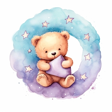 childrens illustration of Sleeping baby teddy bear resting on curve of crescent moon. White background. Surrounded by 5 stars. Minimal. Cupcake Delight colours. Nursey. Soft Watercolour Style. Clipart