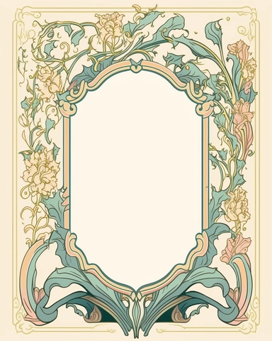 5x7 area of blank space in the center, narrow stationary border and corner around it, lots of room in the center for text, Romantic, Vintage, Art Nouveau, Soft Pastels, Graceful, Ornate, Timeless, in the style of Alphonse Mucha, clean edges, solid background, clipart, isolated