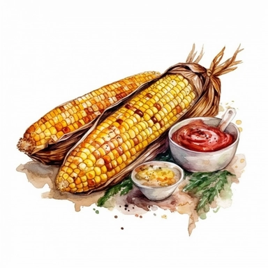 BBQ corn on the cob Clipart, watercolors style, white background, 8k