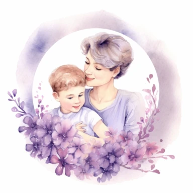 cute watercolor clipart with pale skinned older mom and adult son hugging echother in circle, beautiful, hight quality, pastel colors, white background, decorated with lilac flowers