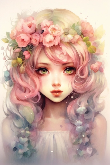 Fairy tale girl with a beautiful innocent pastel kawaii 80s painting. Watercolor clipart