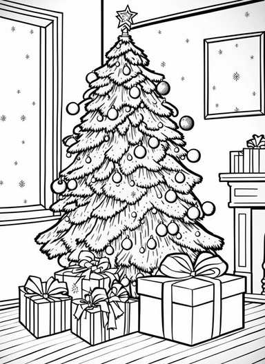 line art, black and white, christmas tree with presents, decorations, happy scene, cartoon sketch, coloring page for kids, coloring page for children, thick lines, realistic, drawing, printable outlined art, crisp lines, No background, clip art, hand draw