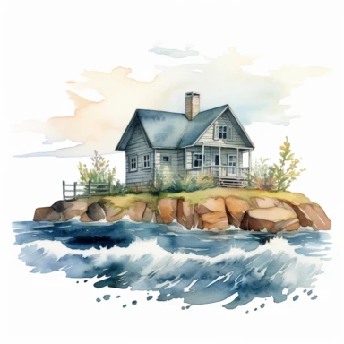 watercolor ocean seascape cottage clipart, white background