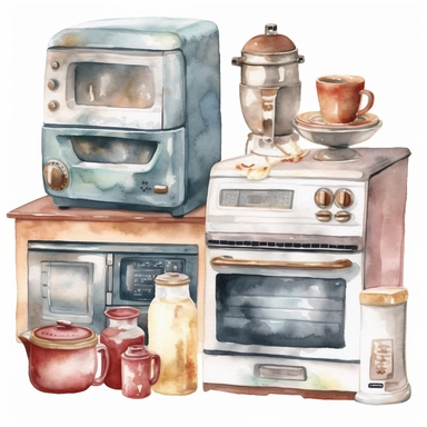 Generate a watercolor clipart set of kitchen appliances, including a refrigerator, oven, stove, and microwave. Use soft, muted colors and a gentle brushstroke effect to give the images a calming and soothing aesthetic, white background
