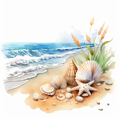 Make a clipart of a watercolor painting of a beach scene with waves, sand, and seashells. No Background
