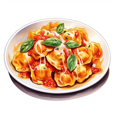 watercolor ultra realistic and hyper detailed illustration of a traditional italian Tortellini in Tomato Cream Sauce (with cheese or meat filling) on a plate clipart, white background