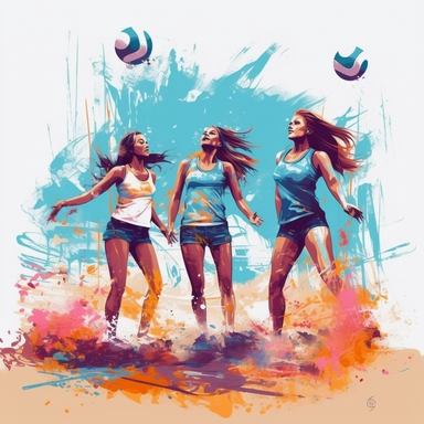 tshirt print artwork in digital painting style, beautiful flowers, girls in bikini play volleyball on beach, white background, colorful fantasy surround, highly detailed clean, vector image, photorealistic masterpiece, professional photography, realistic, flat white background, isometric, vibrant vector, clipart, illustration, realism, 4k, , cinematic, front view, white background,
