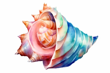 Watercolor, Design an image featuring a Florida fighting conch shell, highlighting its robust form and striped patterns, clipart, hd, on a white background, spaced out