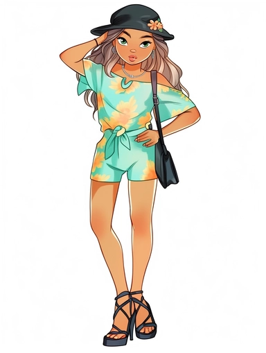 cute summer girl full body drawing, illustration clipart, detailed, black outline, digital art, watercolor,,
