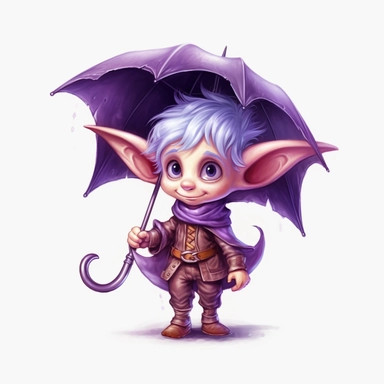Cute Adorable magical little Elf with big pointed ears holds a umbrella in his hand wears a raincape and stand in the rain on a country road, clipart, photorealistic illustration, watercolor, high detail, 8k polished, 8k, vibrant colors, sticker, majestic, die cut, black and purple color, white background
