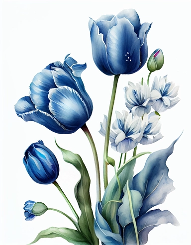 detailed watercolor blue tulip corner border , isolated on white background, realistic, clipart