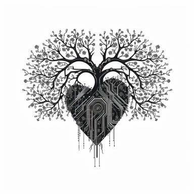 technological heart, filled with a tree, clipart, svg, black lines on white backround