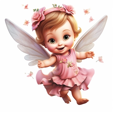 a beautiful happy baby fairy girl, pink flowered dress, blue eyes, highly detailed image, full body image, big wings, pixar style, clipart, white background,