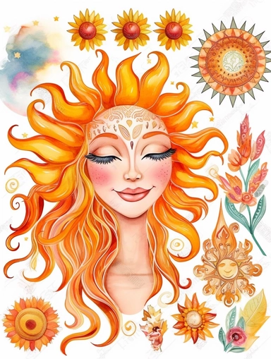 high resolution whimsical, fun, and vibrant ONE large Sun clipart, boho inspired, goddess inspired, clean white background,
