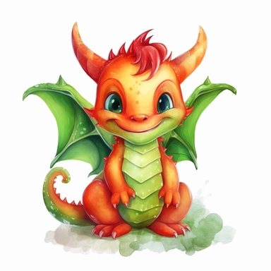 Clipart on White Backgraund Traditional laughing cute red baby dragon big green eyes without horns in green forest Water color