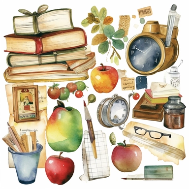 watercolour clipart of a class teacher stuff, teacher objects and elements, full length, high quality, very high details , white background