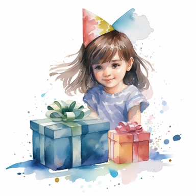 watercolor of a birthday child girl isolated on a white background, detailed ,realistic ,rtx on,textural richness,colorful imagery,digital illustration, clipart,