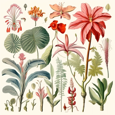 Clipart, vintage, watercolor, Historical drawings of diverse and exotic Amazonian flora by pioneering botanists, hand drawn, texture