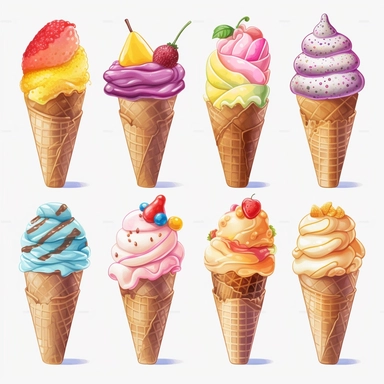 clipart illustration set ice cream cone, sundae, banana split, popsicle, pastel colors, isolated, no background, hd