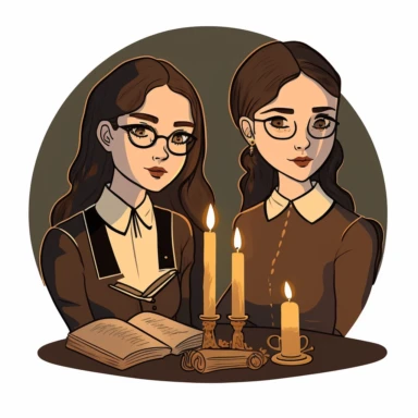 clipart. in the image we see 2 beautiful smart girls looking in the camera wearing dark brown thin reading glasses in a dark academia style clothes and stylish hair pulled up. they look satisfied happy relaxed and very focused. surrounded by candles and books on the reading table. in the dark room lighten by big old candles. in the gothical style of dark academia. white background. gothic cinematic dramatic atmosphere.brown terracotta warm warm watercolours. Intricate image
