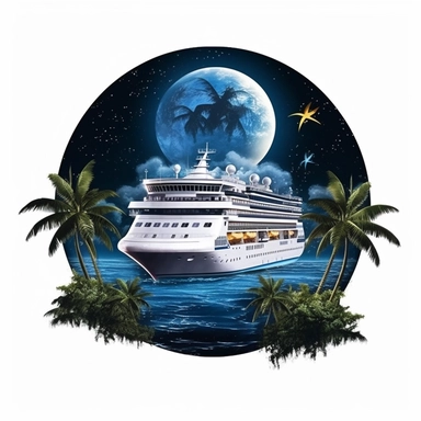 fantasy cruise ship in the moonlight, paradise island digital clipart on white background