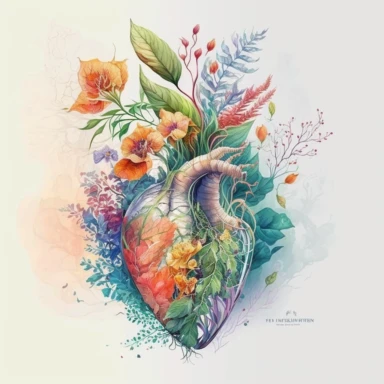 Generate a beautiful digital watercolor clipart illustrating flowers growing from a human heart, replacing the traditional vase. The art should evoke a sense of spring, with a variety of flowers in vibrant, spring-like colors. The heart from which the flowers grow should be detailed and realistic, adding a touch of whimsy and symbolism to the piece. The flowers should bloom from the realistic heart, they should bloom and be beautiful.