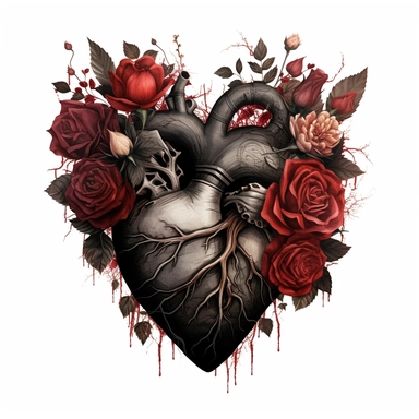 anatomical black heart with roses clipart, white background