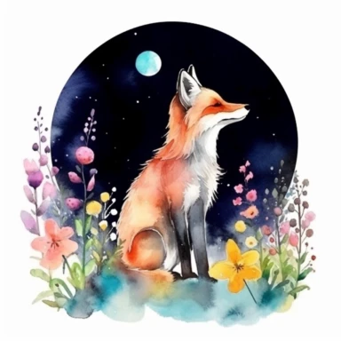 A watercolor painting of a fox watching the stars in a night sky with a background of colorful flowers and plants, Watercolor clipart, isolated on white background