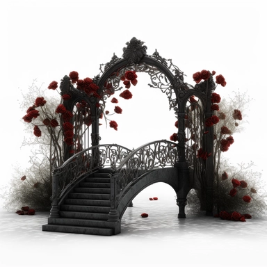 black Gothic Bridge Dark Fantasy Garden with red rose Clipart, white isolated background, space out, hd, 8k, realistic