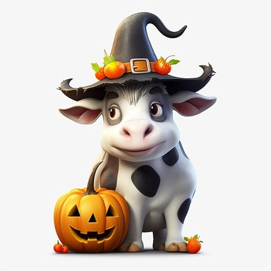3D super realistic halloween Holstein Cow with a witch's hat on his head among pumpkins clipart