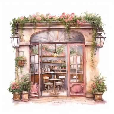 front illumination of ultra - realistic watercolor painting of pink cute french cafe interior with open doors clipart,pastry delicious, cute flowers, serene, cottagecore, plants overgrowing everywhere, aesthetic, naturalisting, cottagecore, plants, magical, white background, isolated on white, watercolor illustration, award winning