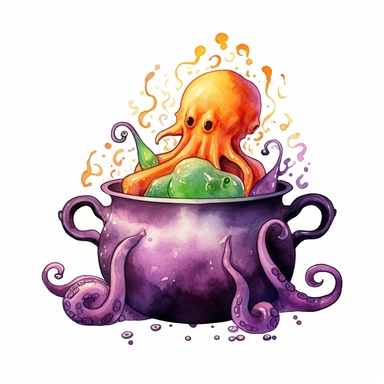 hand drawn black cauldron with bubbling potion, large bone in the cauldron, an octopus tentacle coming out of cauldron and hanging on the side, Halloween, purple orange and green shades, fantasy, glamorous, clipart style, detailed and realistic, watercolor, white background with margins